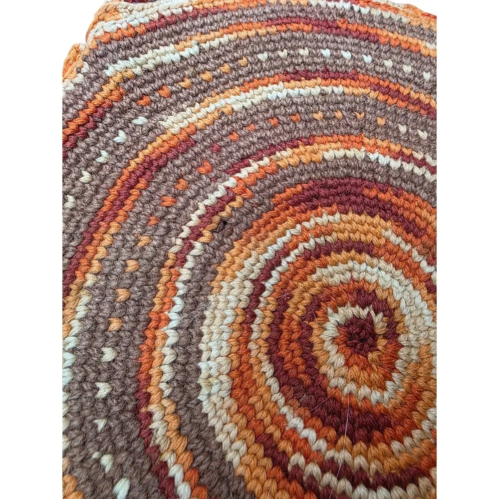Vintage Handmade Crochet Circle Bag Orange Brown Spiral Round Tote Boho Lined G1